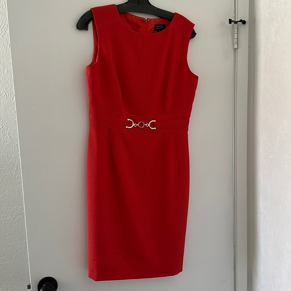 Tahari fitted work dress in orange-red
